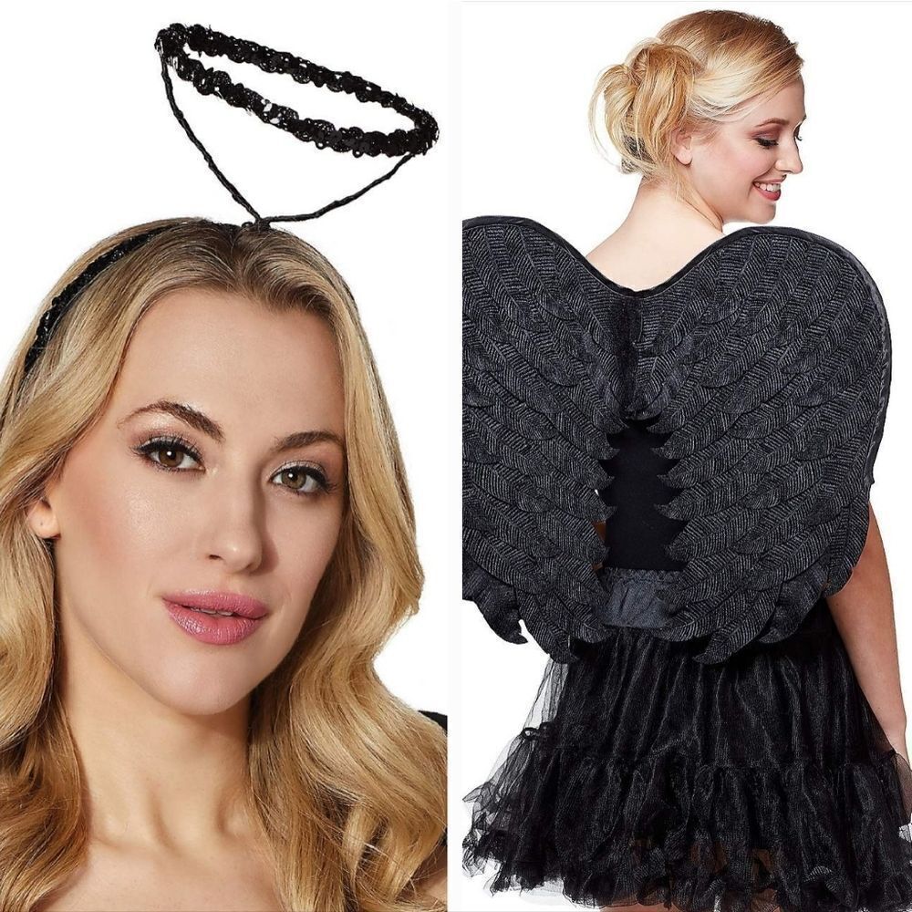 🩵NIB Black Velvet Angel Wings & Rhinestone Halo Headband Costume Set